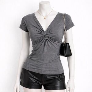 Velvet By Graham & Spencer Gray Twist Front V-Neck Short Sleeve Top
